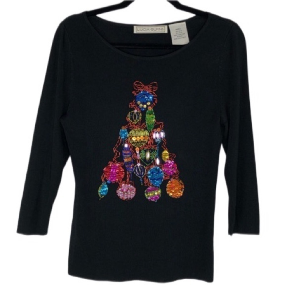 VINTAGE LUCIA BURNS BEADED CHRISTMAS TREE HOLIDAY TOP